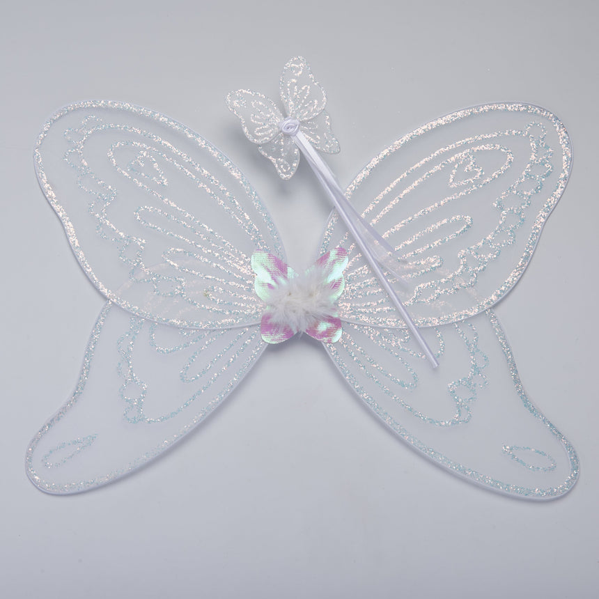 White Glitter Angel Fairy Wings and Wand Fancy Dress Set - Detail Image