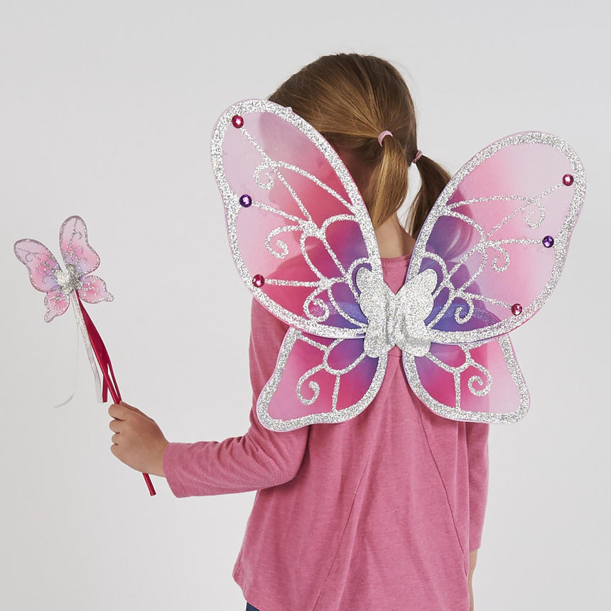 Pink and Silver Glitter Fairy Wings and Wand Fancy Dress Set - Main Image