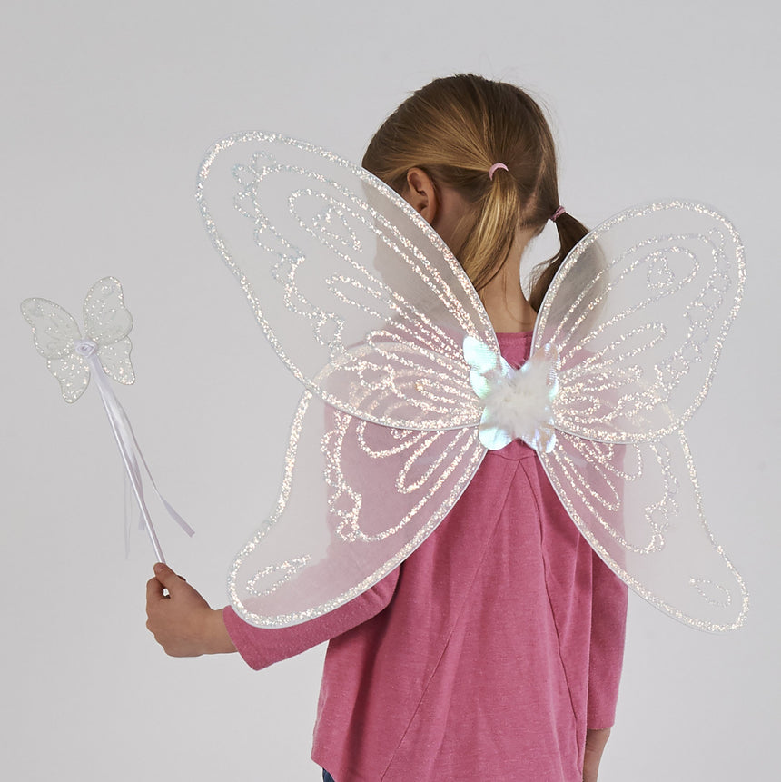 White Glitter Angel Fairy Wings and Wand Fancy Dress Set - Main Image